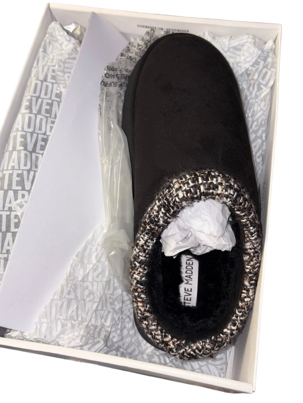Steve Madden Black Slip-On Slipper with Tweed Trim - Picture 2 of 3